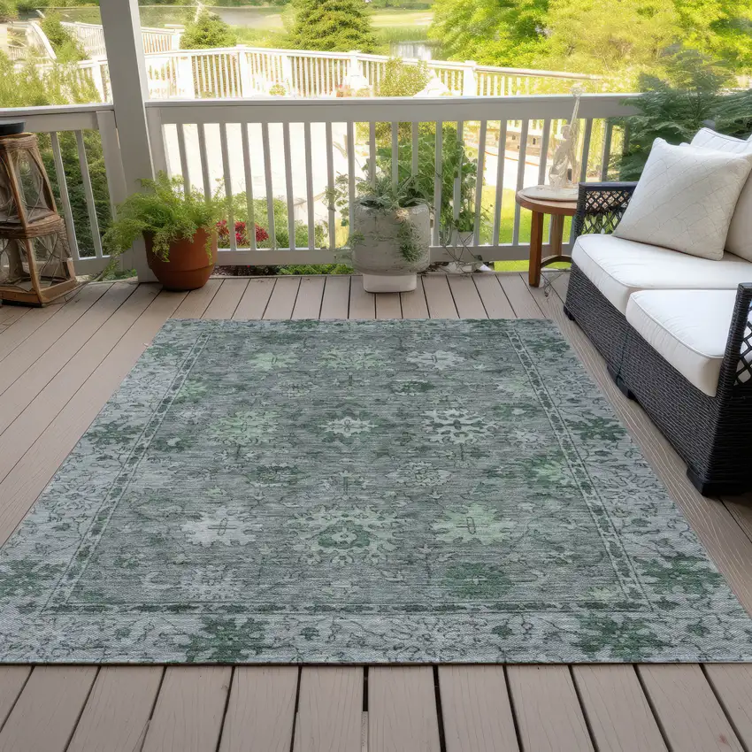 Artichoke Green And Gray Floral Washable Indoor Outdoor Area Rug Photo 8