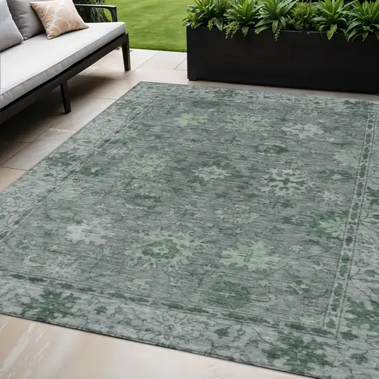 Artichoke Green And Gray Floral Washable Indoor Outdoor Area Rug Photo 2