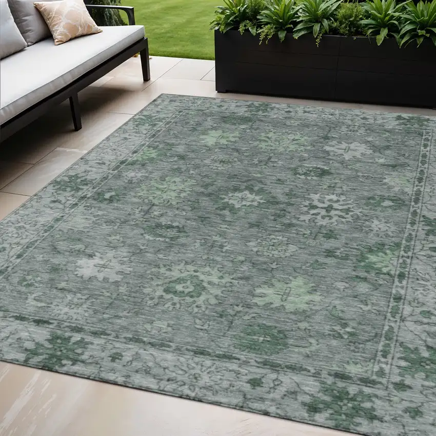 Artichoke Green And Gray Floral Washable Indoor Outdoor Area Rug Photo 2