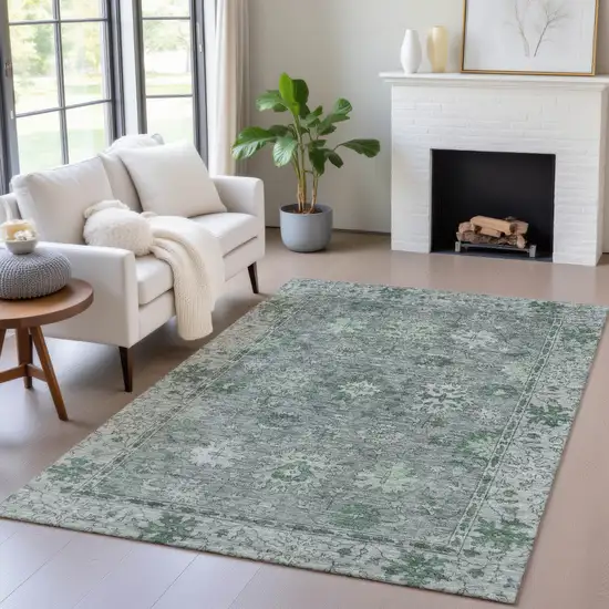 Artichoke Green And Gray Floral Washable Indoor Outdoor Area Rug Photo 6