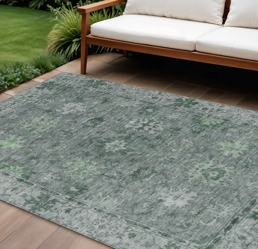 Artichoke Green And Gray Floral Washable Indoor Outdoor Area Rug Photo 2