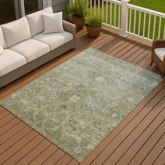 Artichoke Green And Gray Floral Washable Indoor Outdoor Area Rug Photo 8