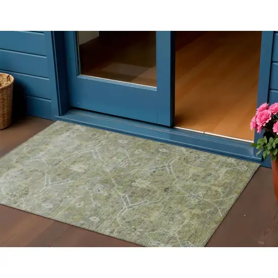 Artichoke Green And Gray Floral Washable Indoor Outdoor Area Rug Photo 1