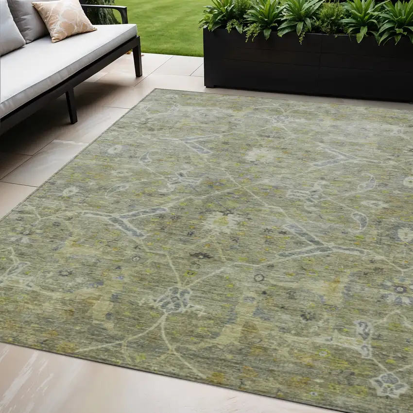 Artichoke Green And Gray Floral Washable Indoor Outdoor Area Rug Photo 1