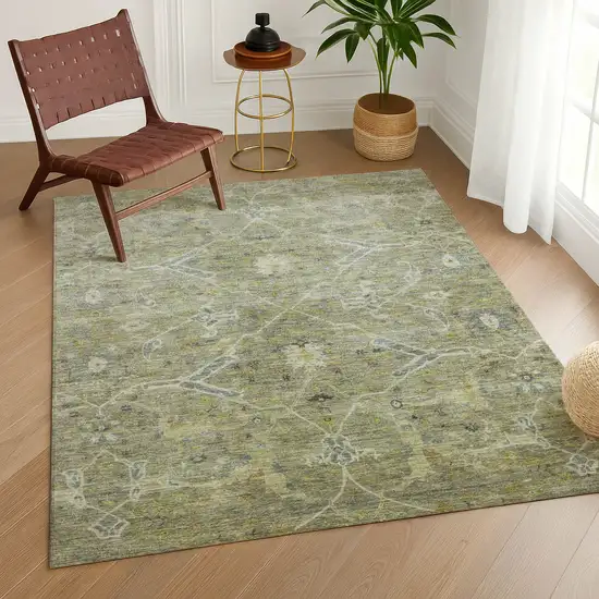 Artichoke Green And Gray Floral Washable Indoor Outdoor Area Rug Photo 9