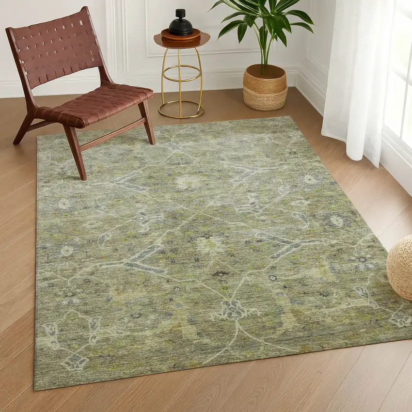 Artichoke Green And Gray Floral Washable Indoor Outdoor Area Rug Photo 9
