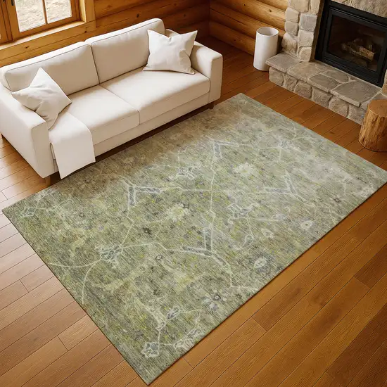 Artichoke Green And Gray Floral Washable Indoor Outdoor Area Rug Photo 9