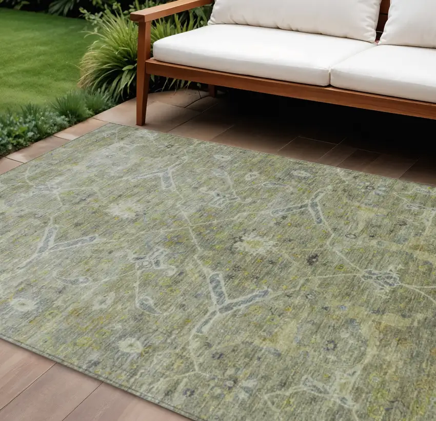 Artichoke Green And Gray Floral Washable Indoor Outdoor Area Rug Photo 1