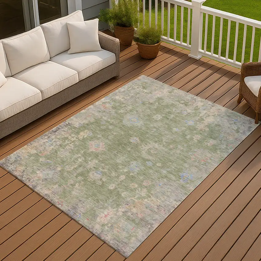 Artichoke Green And Gray Floral Washable Indoor Outdoor Area Rug Photo 7