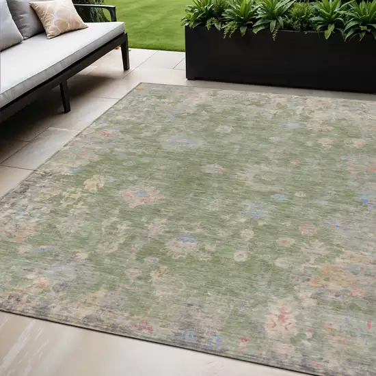 Artichoke Green And Gray Floral Washable Indoor Outdoor Area Rug Photo 1