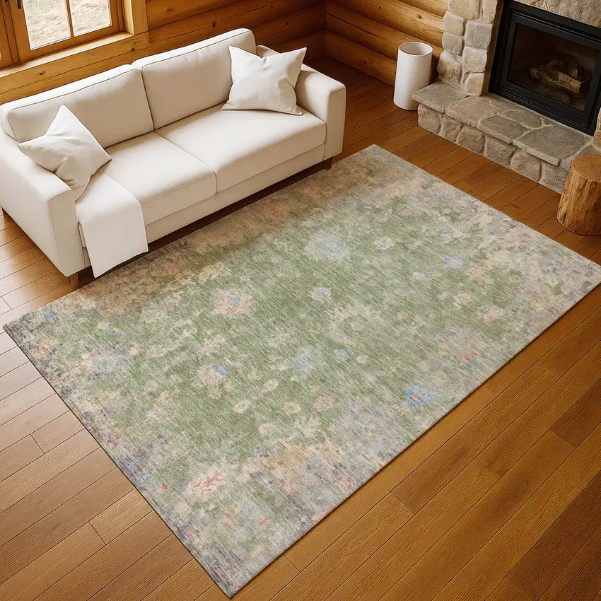 Artichoke Green And Gray Floral Washable Indoor Outdoor Area Rug Photo 8