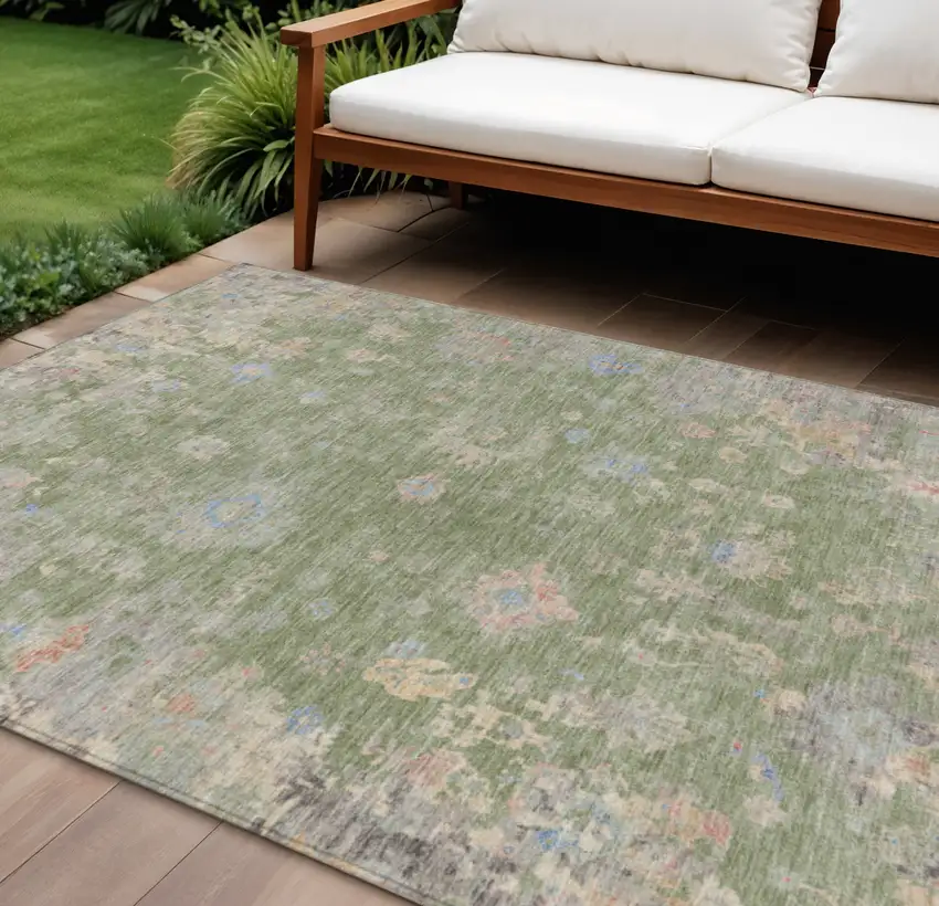 Artichoke Green And Gray Floral Washable Indoor Outdoor Area Rug Photo 1