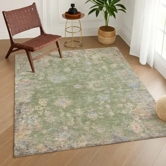 Artichoke Green And Gray Floral Washable Indoor Outdoor Area Rug Photo 9