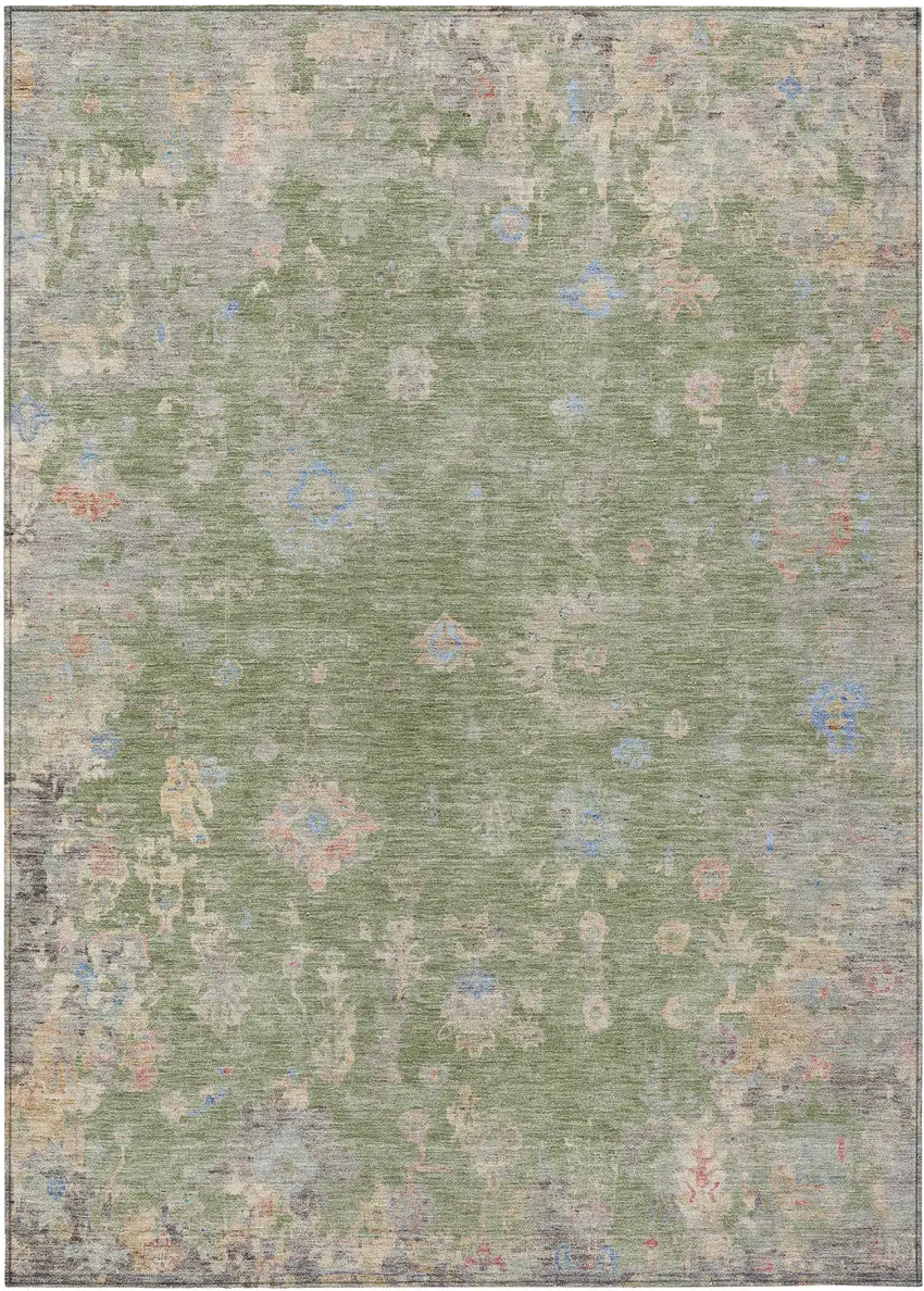 Artichoke Green And Gray Floral Washable Indoor Outdoor Area Rug Photo 2