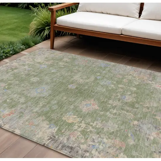 Artichoke Green And Gray Floral Washable Indoor Outdoor Area Rug Photo 1