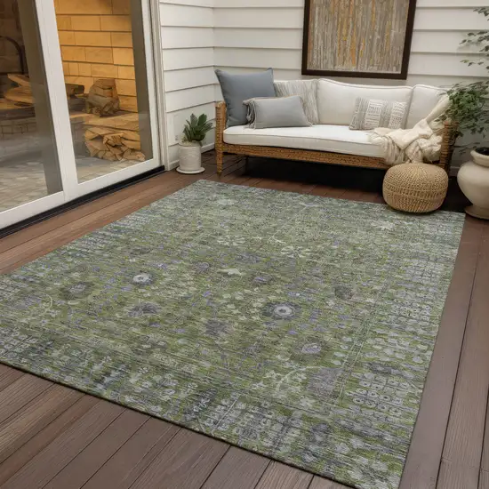 Artichoke Green And Gray Floral Washable Indoor Outdoor Area Rug Photo 8