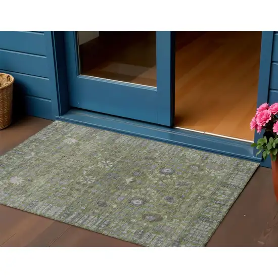 Artichoke Green And Gray Floral Washable Indoor Outdoor Area Rug Photo 1