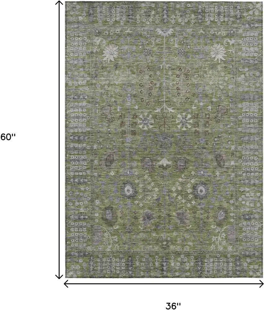 Artichoke Green And Gray Floral Washable Indoor Outdoor Area Rug Photo 3