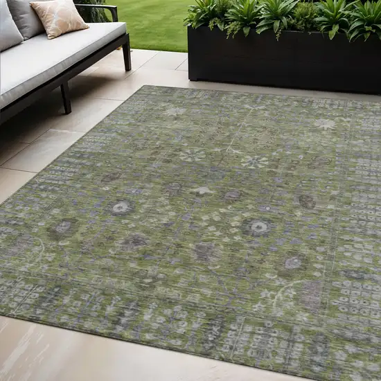 Artichoke Green And Gray Floral Washable Indoor Outdoor Area Rug Photo 1
