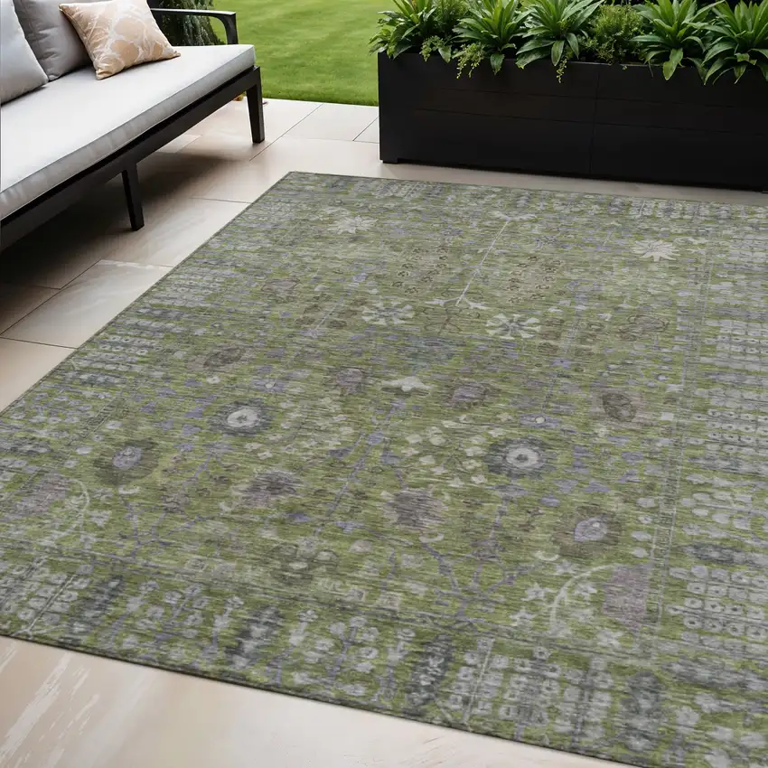 Artichoke Green And Gray Floral Washable Indoor Outdoor Area Rug Photo 1