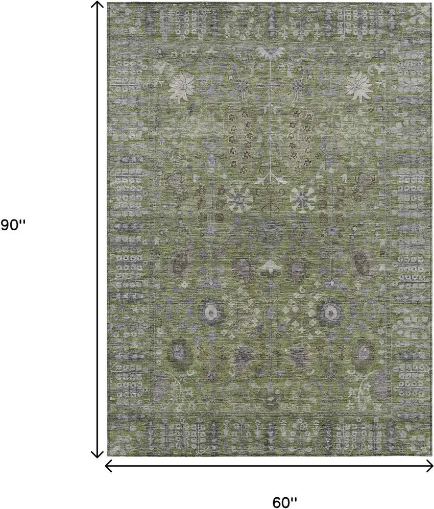Artichoke Green And Gray Floral Washable Indoor Outdoor Area Rug Photo 3
