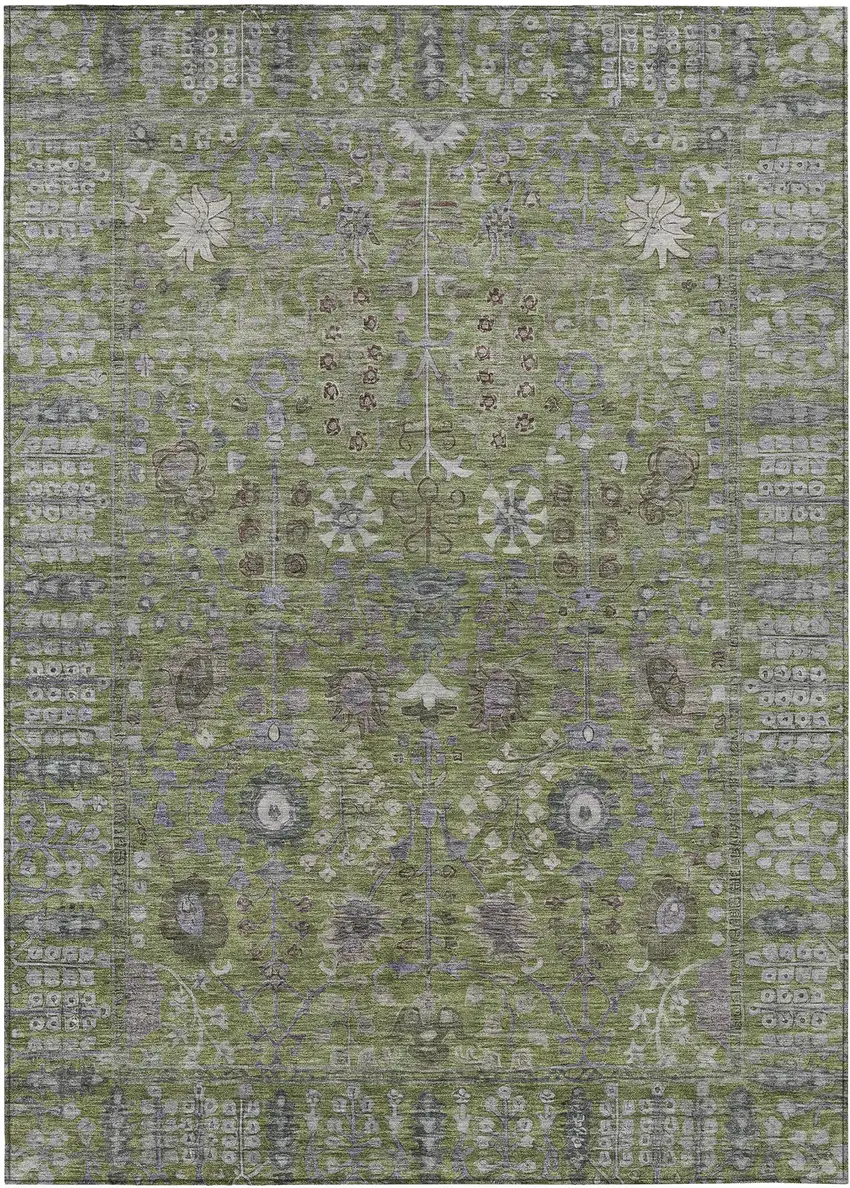Artichoke Green And Gray Floral Washable Indoor Outdoor Area Rug Photo 2