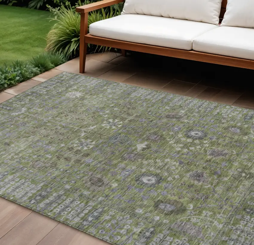 Artichoke Green And Gray Floral Washable Indoor Outdoor Area Rug Photo 1