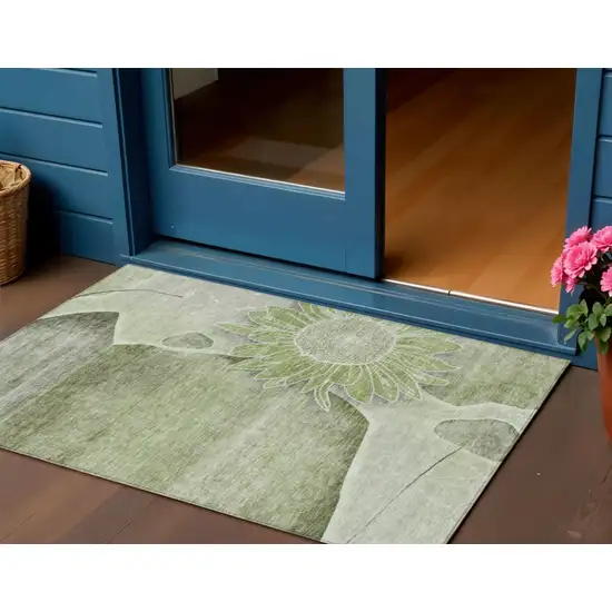 Artichoke Green And Gray Floral Washable Indoor Outdoor Area Rug Photo 1