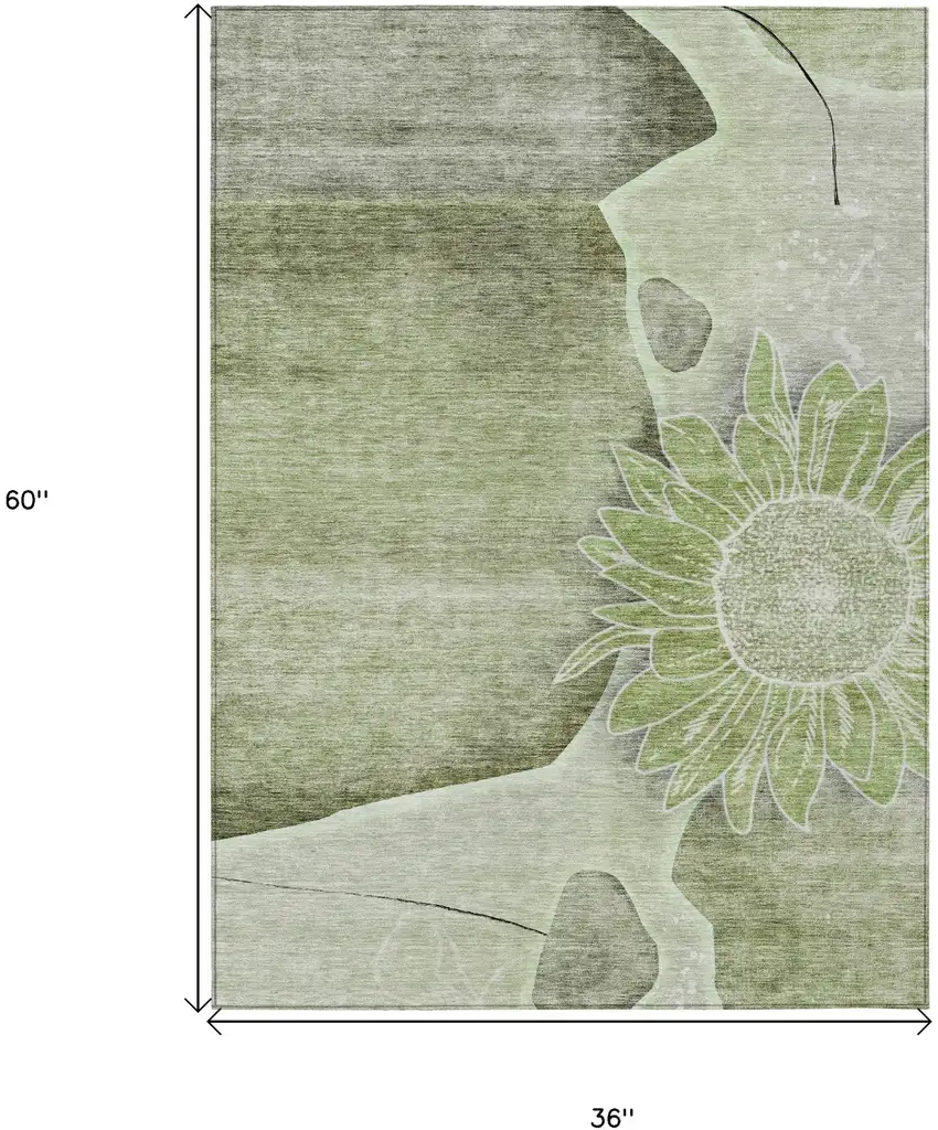 Artichoke Green And Gray Floral Washable Indoor Outdoor Area Rug Photo 3