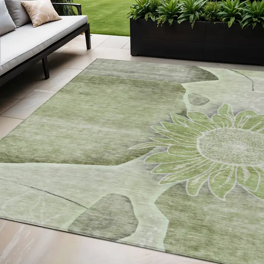 Artichoke Green And Gray Floral Washable Indoor Outdoor Area Rug Photo 1