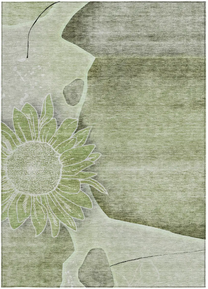 Artichoke Green And Gray Floral Washable Indoor Outdoor Area Rug Photo 6
