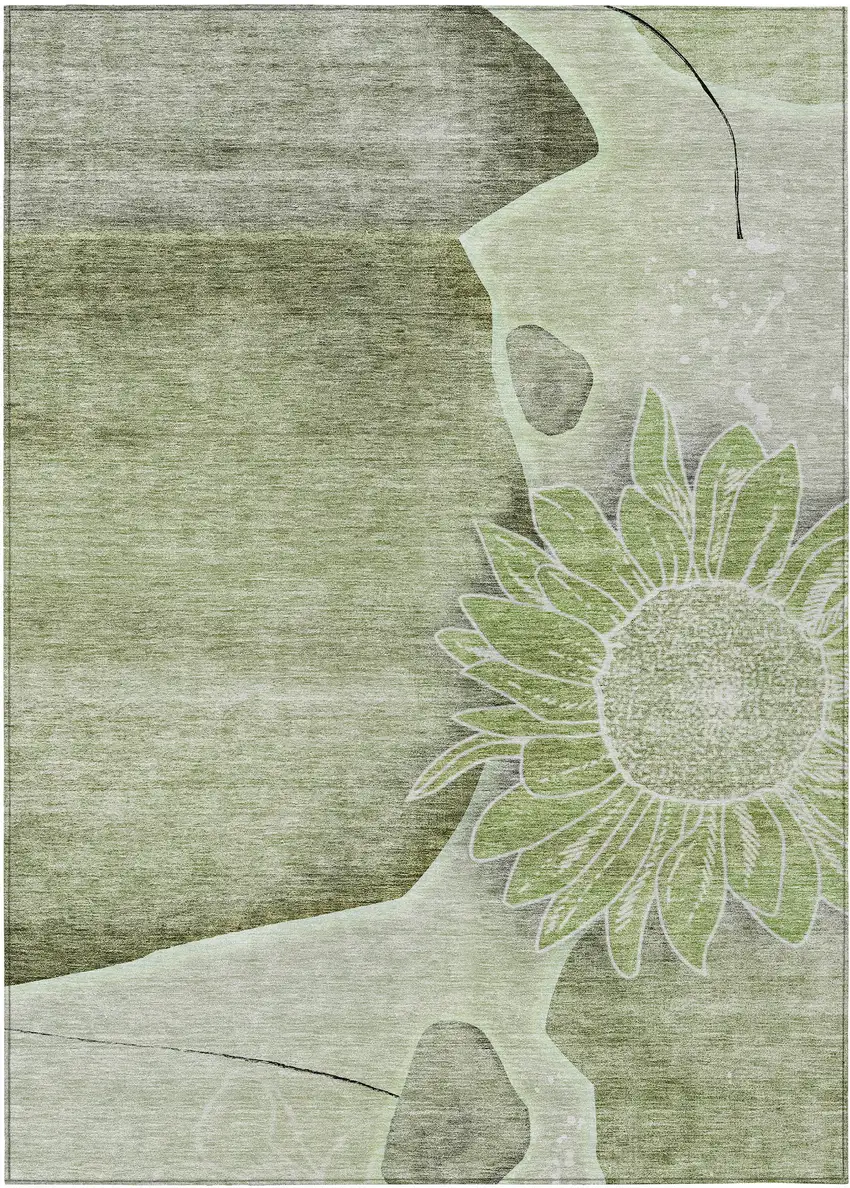 Artichoke Green And Gray Floral Washable Indoor Outdoor Area Rug Photo 1