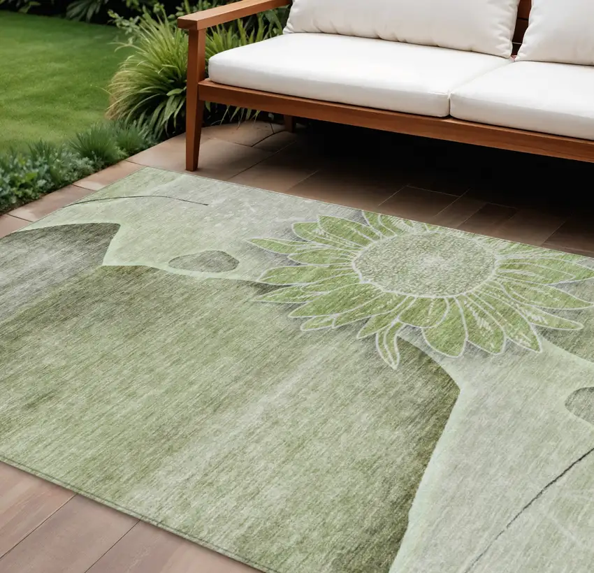 Artichoke Green And Gray Floral Washable Indoor Outdoor Area Rug Photo 1