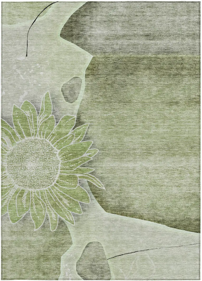 Artichoke Green And Gray Floral Washable Indoor Outdoor Area Rug Photo 6
