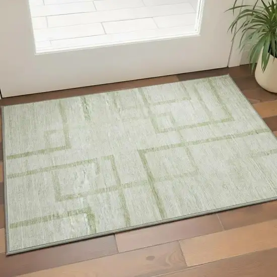 Artichoke Green And Gray Geometric Washable Area Rug With UV Protection Photo 2