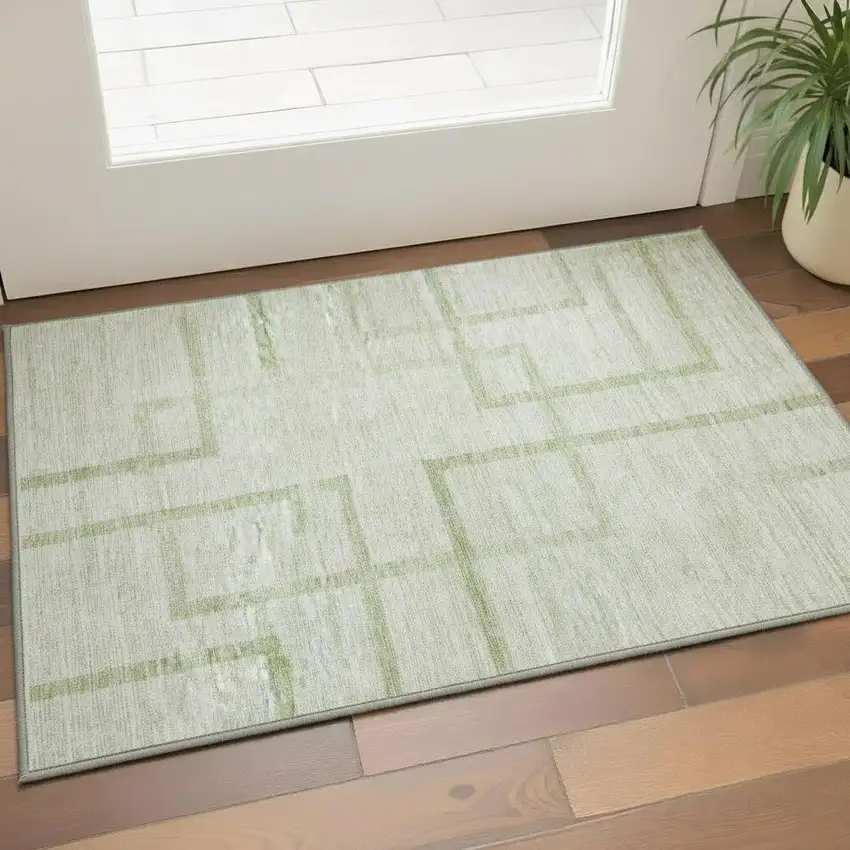 Artichoke Green And Gray Geometric Washable Area Rug With UV Protection Photo 2