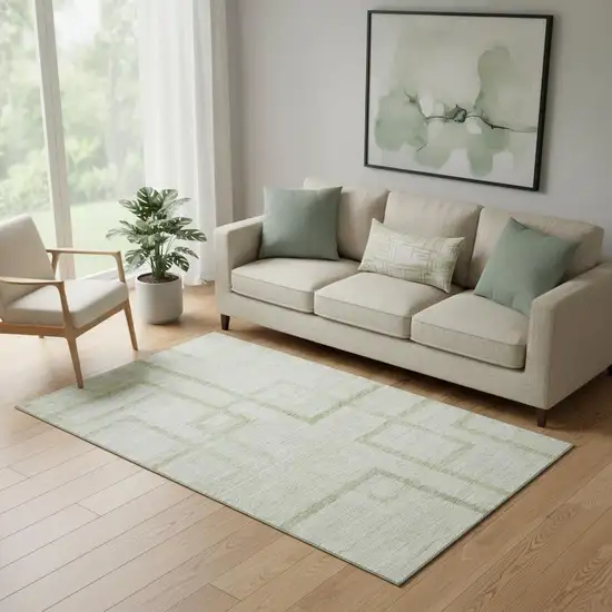 Artichoke Green And Gray Geometric Washable Area Rug With UV Protection Photo 1