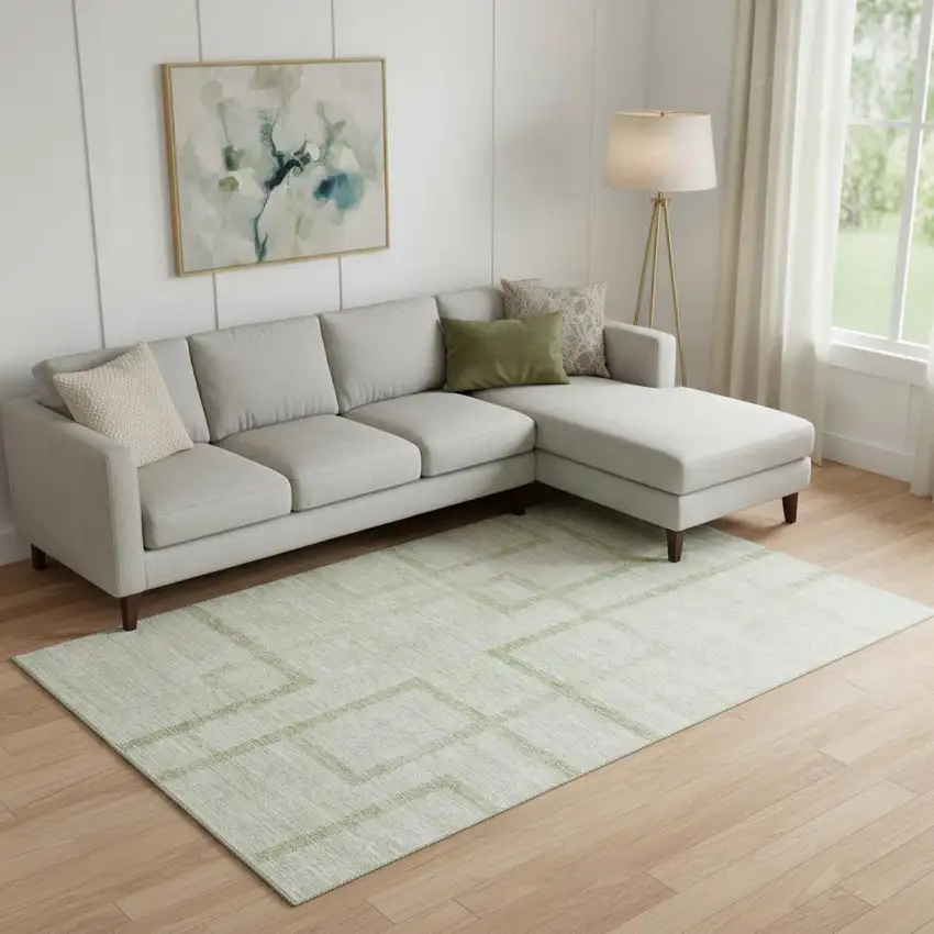 Artichoke Green And Gray Geometric Washable Area Rug With UV Protection Photo 1