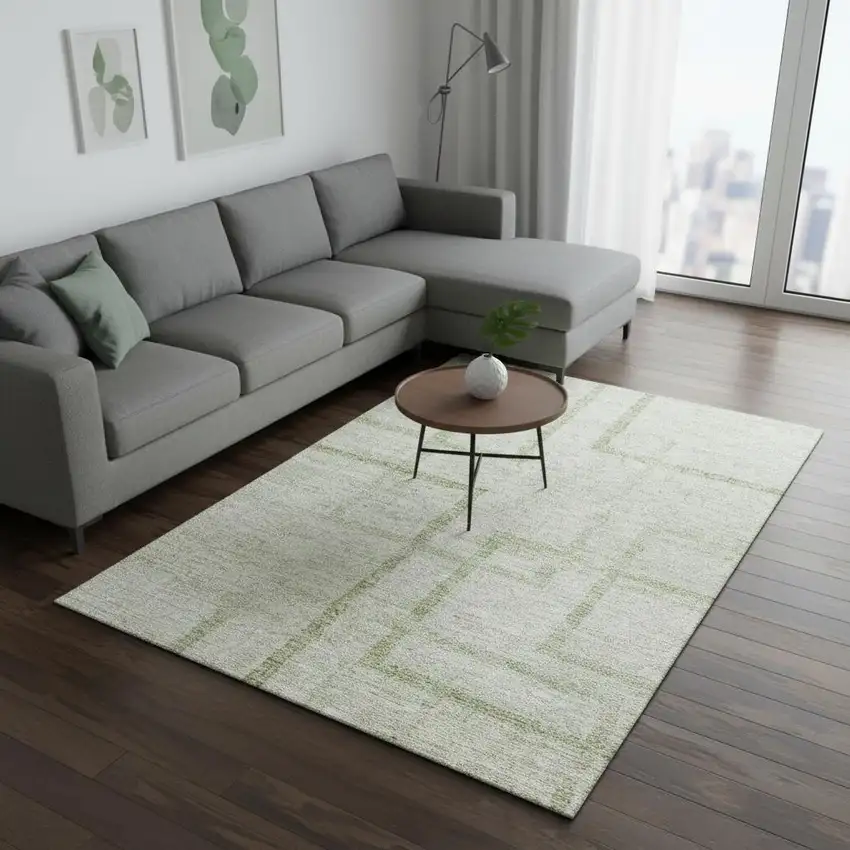 Artichoke Green And Gray Geometric Washable Area Rug With UV Protection Photo 2