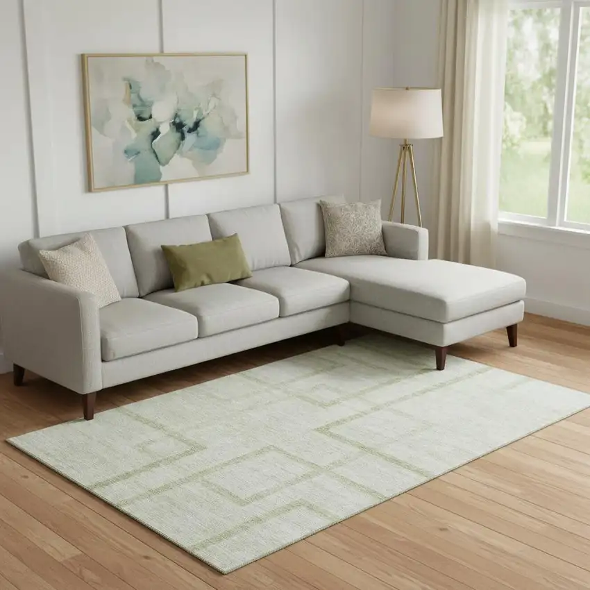 Artichoke Green And Gray Geometric Washable Area Rug With UV Protection Photo 1