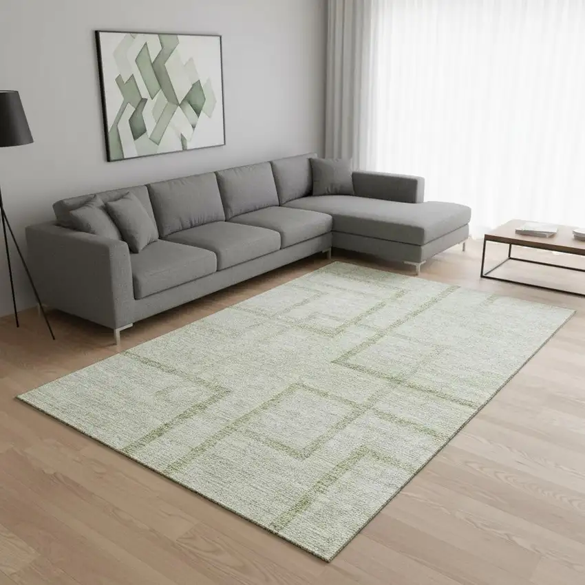 Artichoke Green And Gray Geometric Washable Area Rug With UV Protection Photo 2