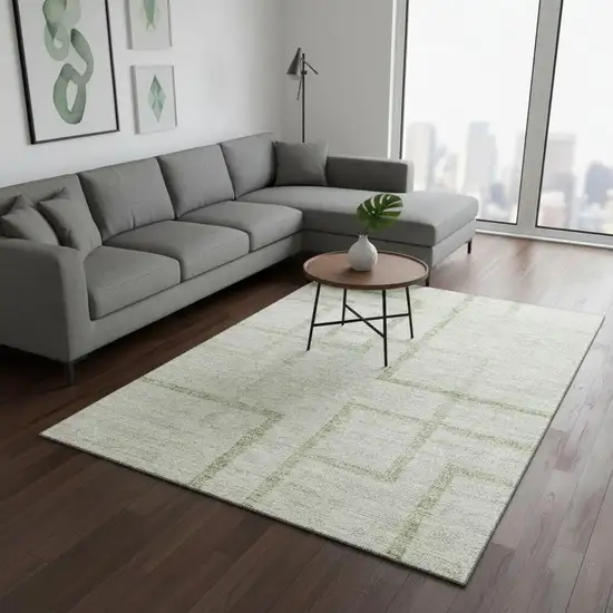 Artichoke Green And Gray Geometric Washable Area Rug With UV Protection Photo 2