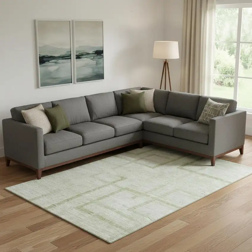 Artichoke Green And Gray Geometric Washable Area Rug With UV Protection Photo 1