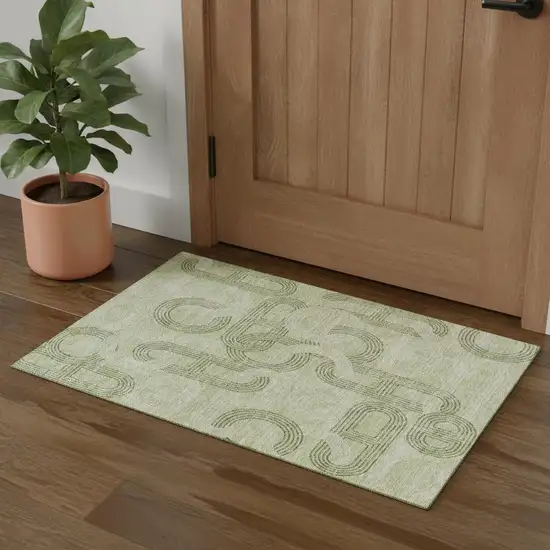 Artichoke Green And Gray Geometric Washable Area Rug With UV Protection Photo 1