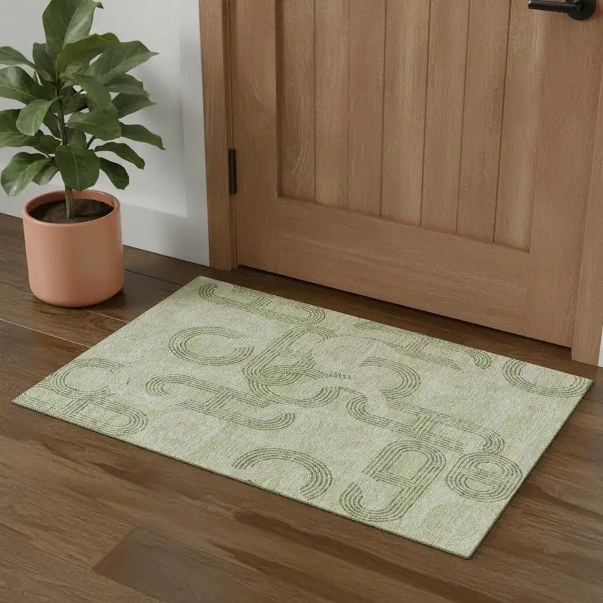 Artichoke Green And Gray Geometric Washable Area Rug With UV Protection Photo 1