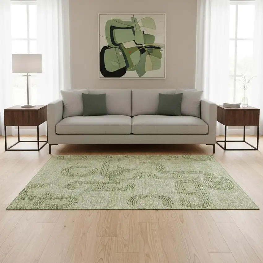 Artichoke Green And Gray Geometric Washable Area Rug With UV Protection Photo 2