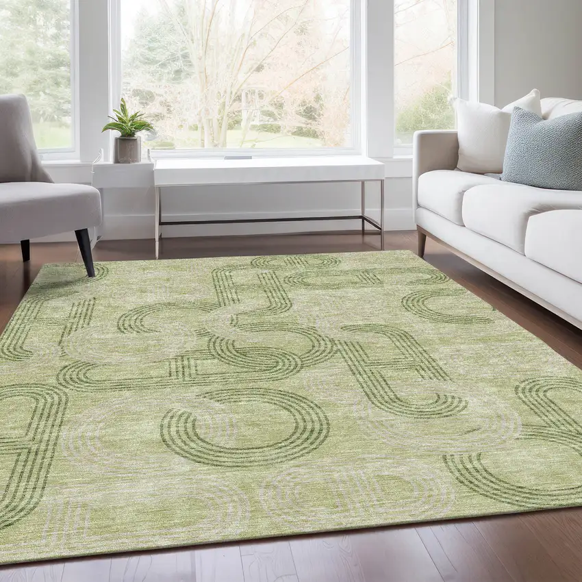 Artichoke Green And Gray Geometric Washable Area Rug With UV Protection Photo 4
