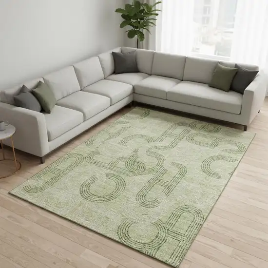 Artichoke Green And Gray Geometric Washable Area Rug With UV Protection Photo 2