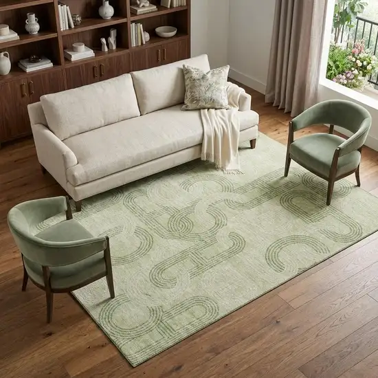 Artichoke Green And Gray Geometric Washable Area Rug With UV Protection Photo 1
