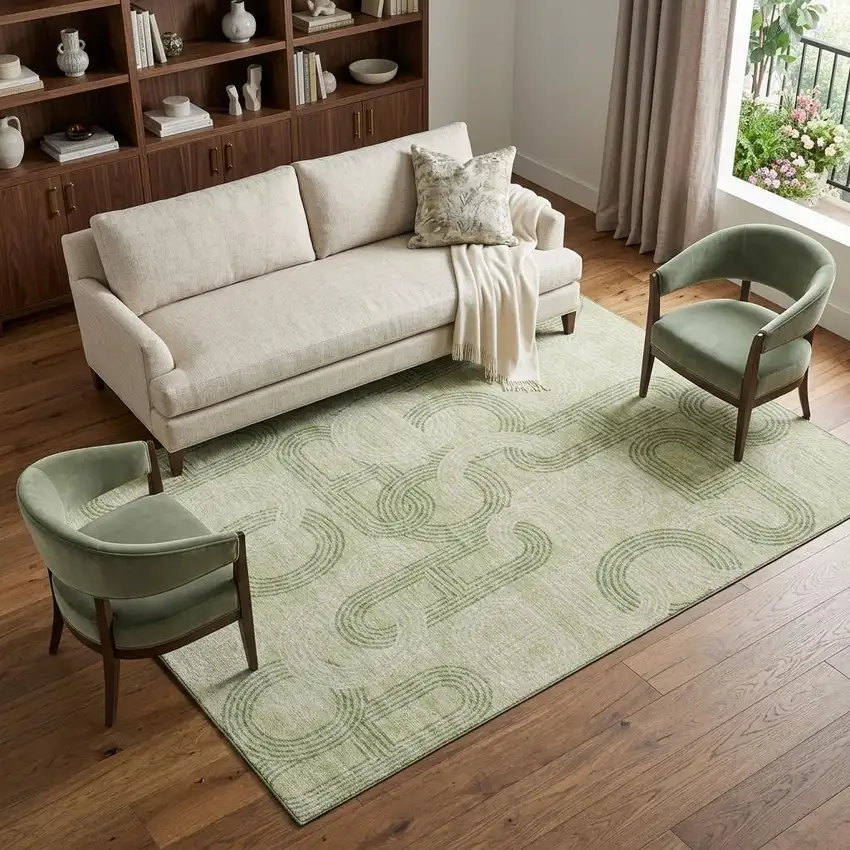 Artichoke Green And Gray Geometric Washable Area Rug With UV Protection Photo 1
